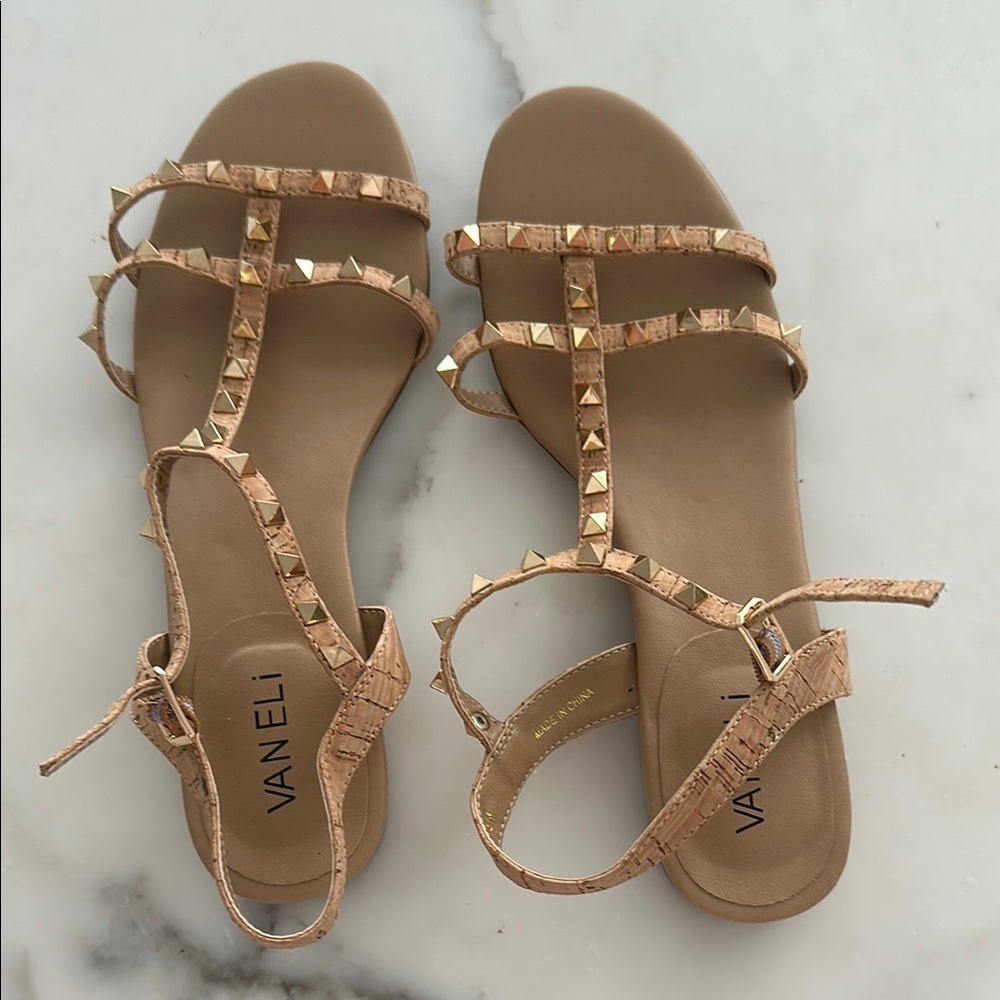 Vaneli Tan and Gold Studded Sandals